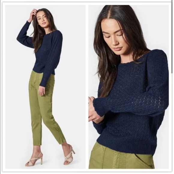 Joie Moxya Pointelle Puff Sleeve Sweater Knit Women's L Scallop Jumper Navy Blue - Picture 1 of 9